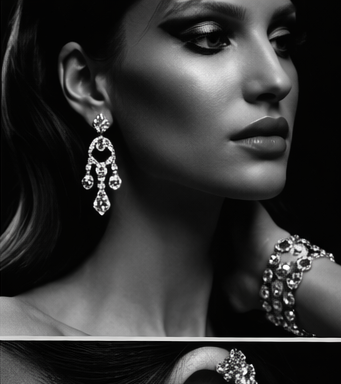 Fashion model wearing a diamond necklace and earrings